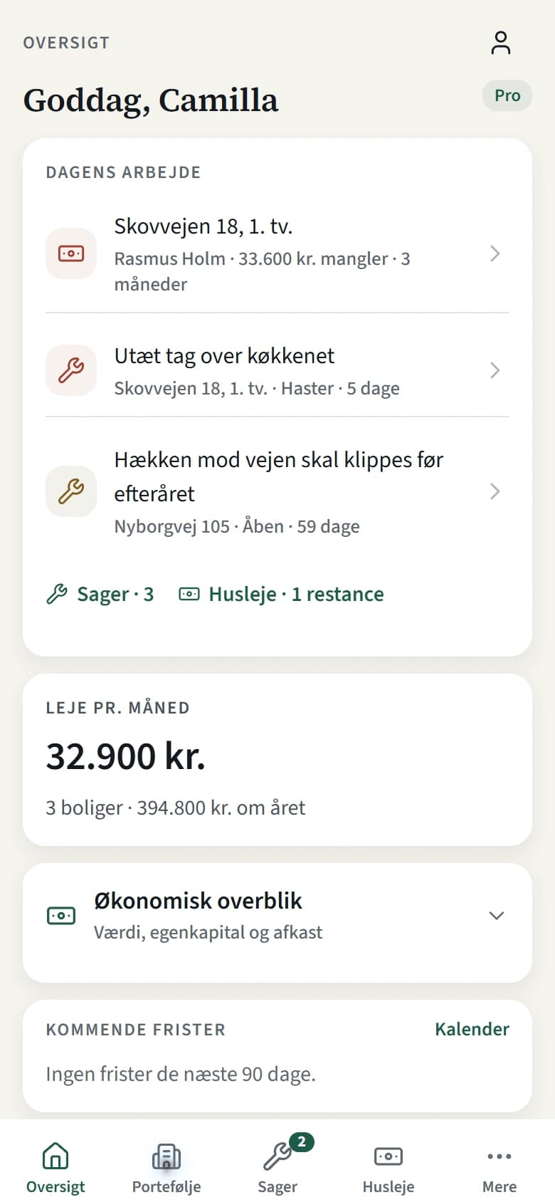Ejendomsdrift-app under udvikling: dagens arbejde og økonomi med demodata