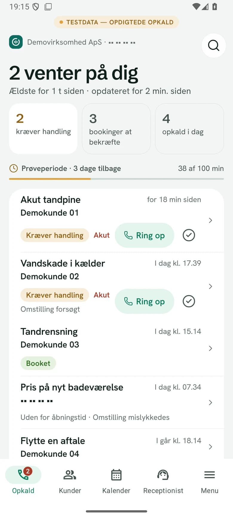 Ringback-Android-app 1.1: opkald og opfølgning med demodata