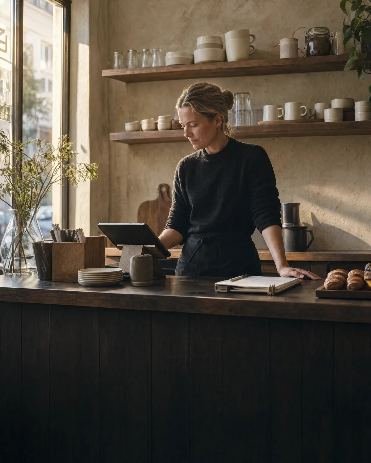 En cafeejer tjekker morgenens bestillinger på en tablet bag disken i en lille københavnsk cafe.