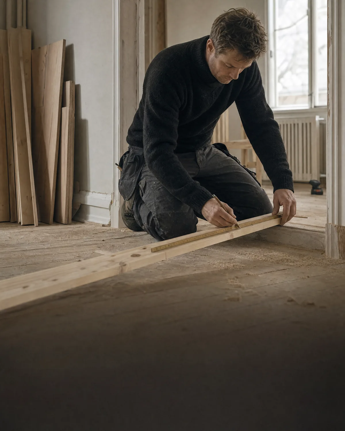 En tømrer i mørk sweater knæler på gulvet i en lejlighed under renovering og sætter et blyantsmærke på en planke ved en tommestok.
