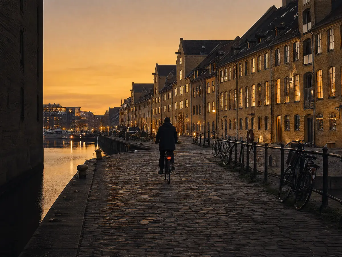 En havnekaj i København en aften: en cyklist på brostenene langs vandet og gamle pakhuse med oplyste vinduer.