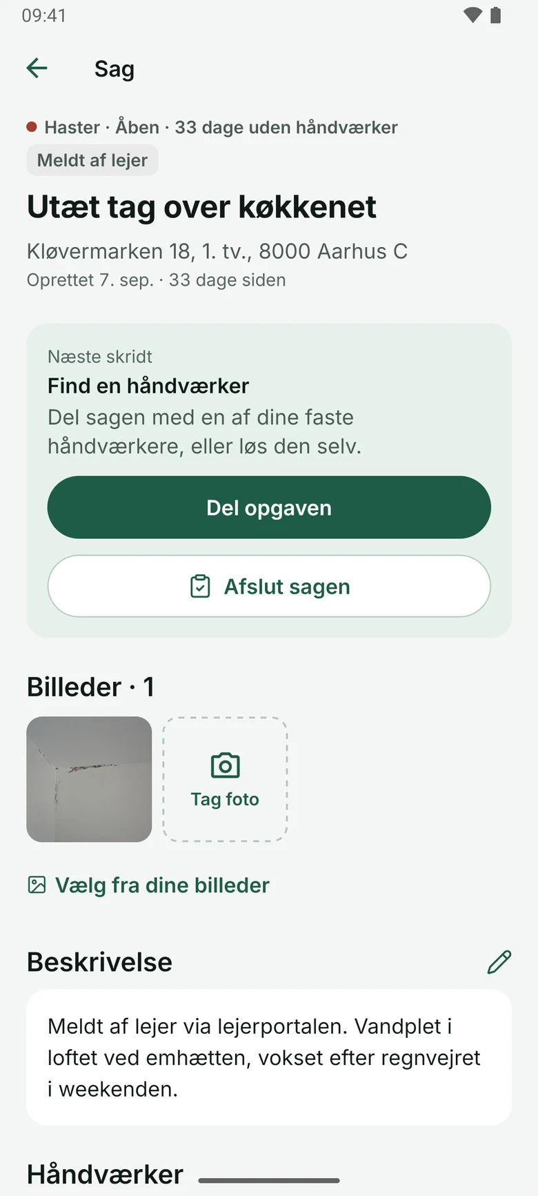 Detaljer for en vedligeholdelsessag i Android-appen 1.1. Vist med fiktive eksempeldata.