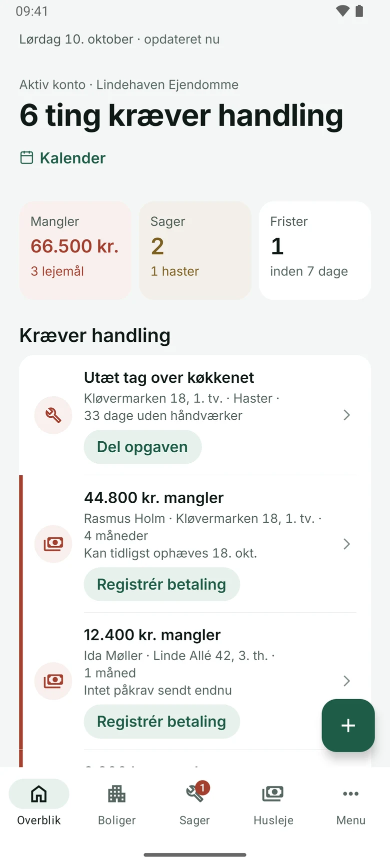 Dagens arbejde i Android-appen 1.1. Vist med fiktive eksempeldata.