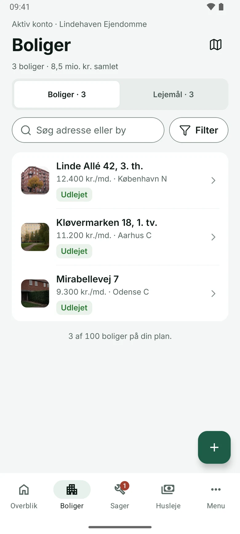 Boliger i Android-appen 1.1. Vist med fiktive eksempeldata.