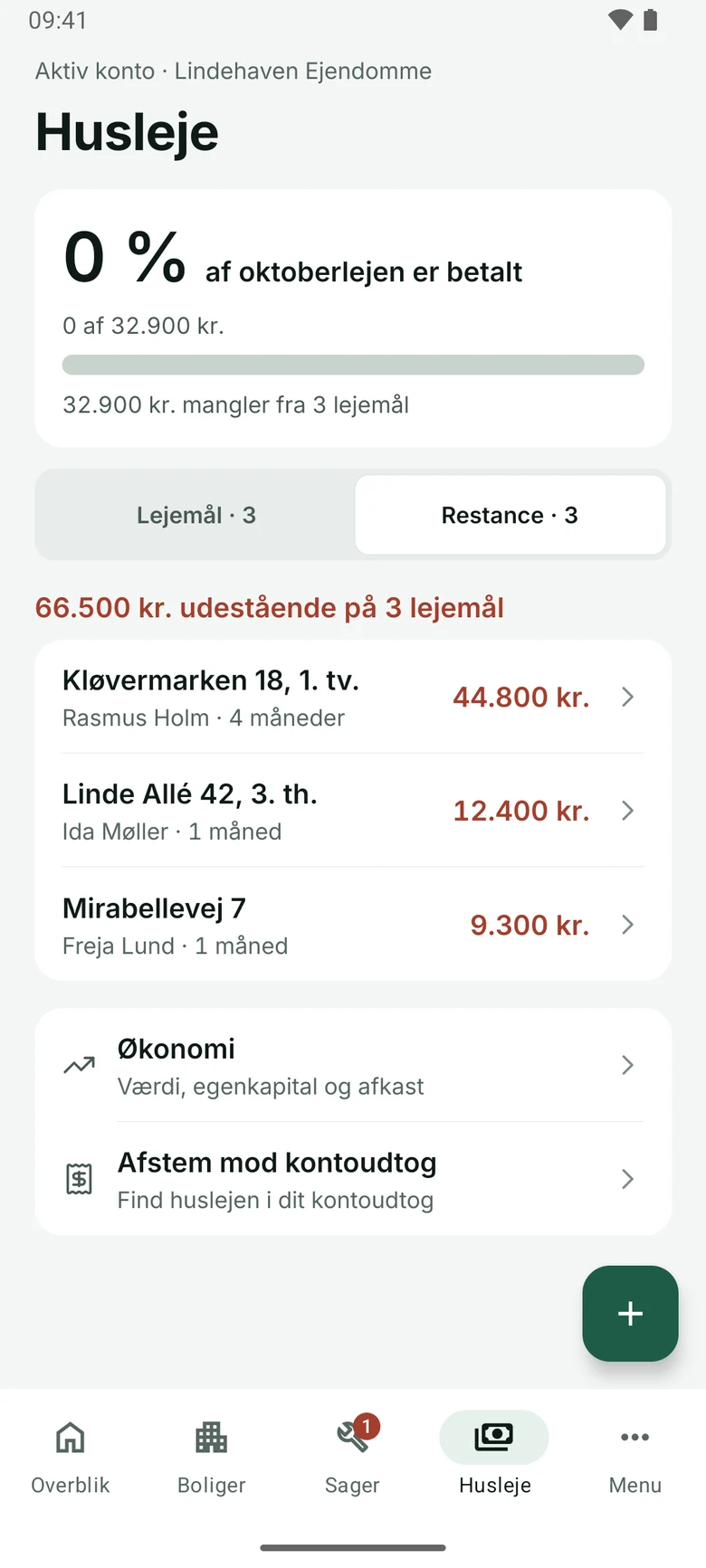 Husleje og restancer i Android-appen 1.1. Vist med fiktive eksempeldata.