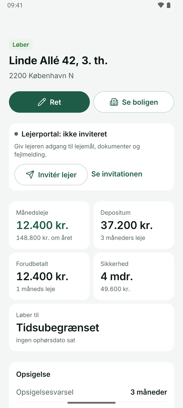 Lejemål i Android-appen 1.1. Vist med fiktive eksempeldata.