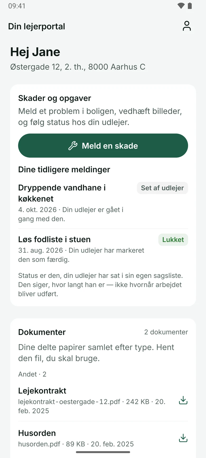 Ejendomsdrift-app: lejerens overblik med fiktive eksempeldata