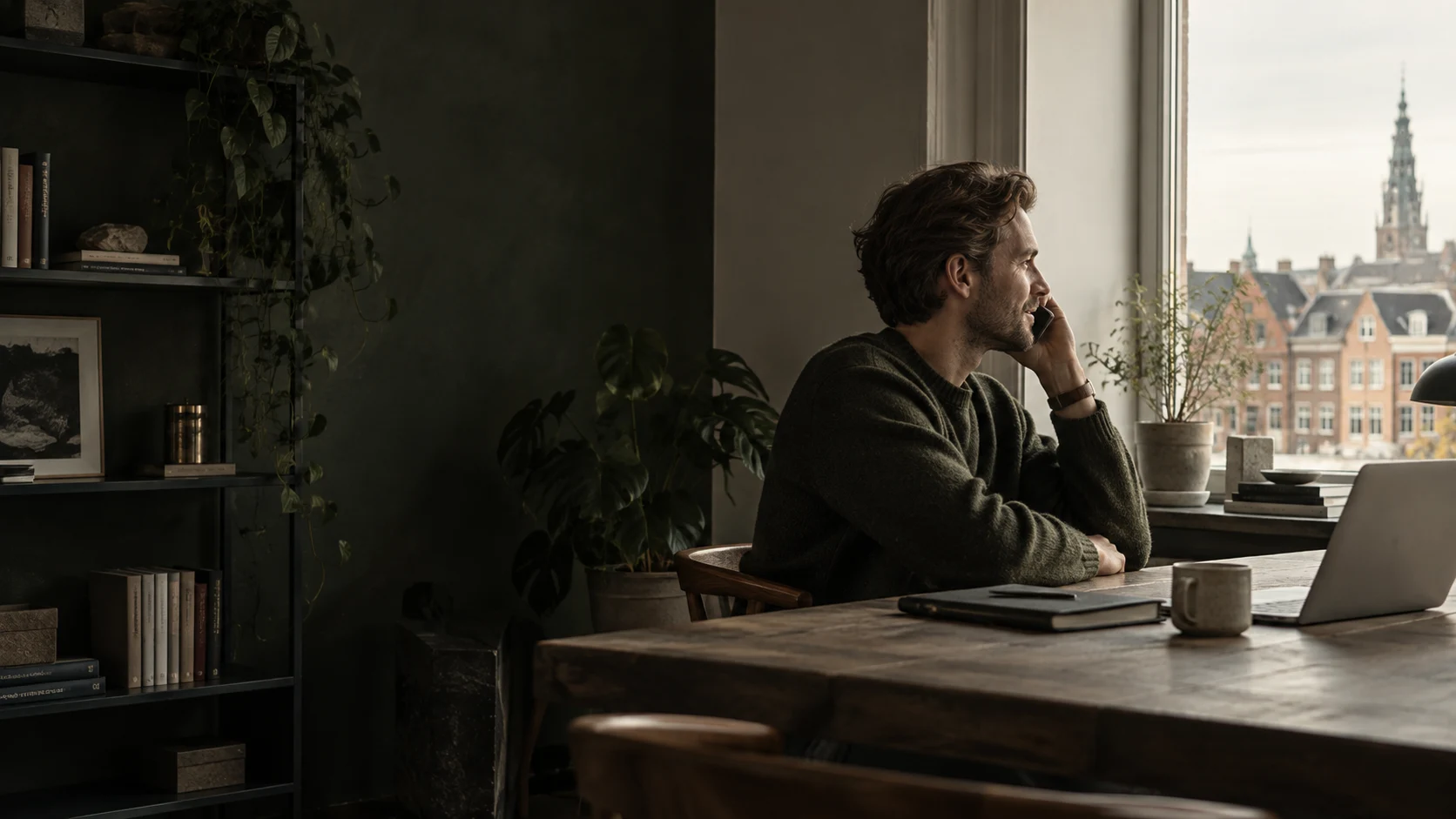 En virksomhedsejer tager en kundesamtale ved sit skrivebord.