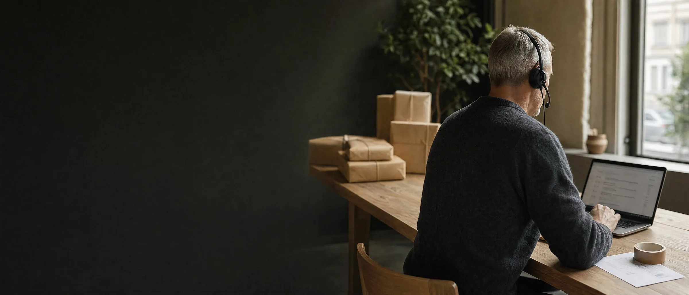 En medarbejder i en lille webshop sidder med headset ved et langt egetræsbord med pakker og læser en kundemail på sin bærbare, set bagfra over skulderen.